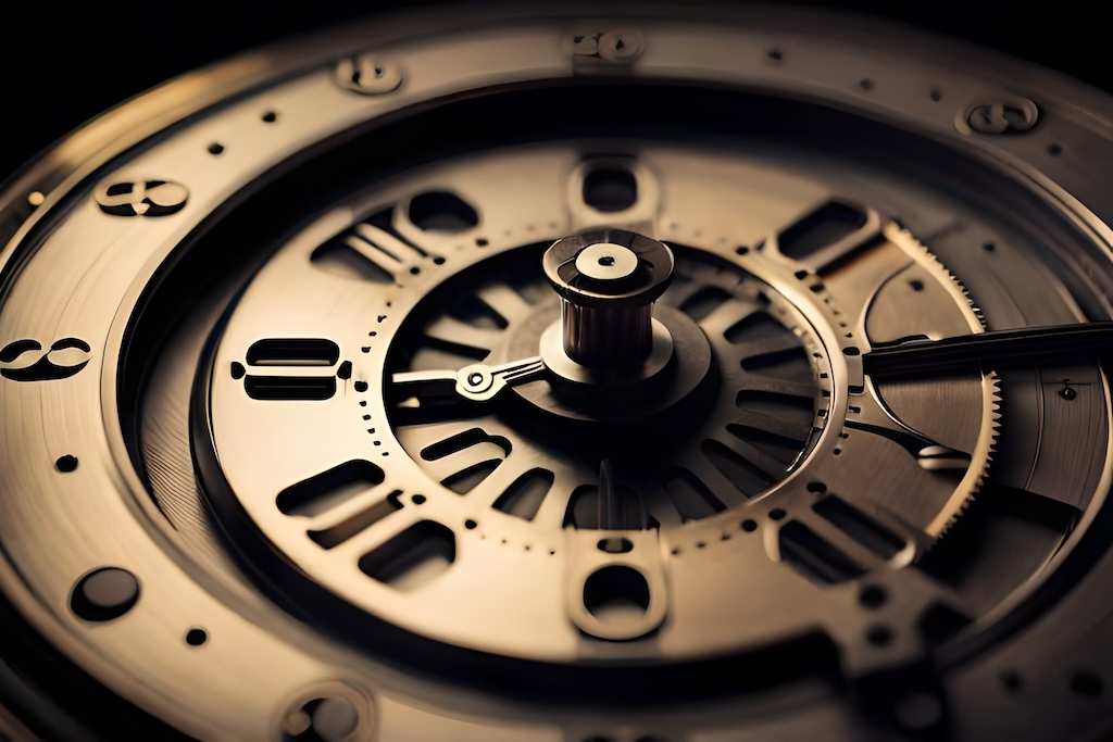 A close up of a watch face with a black background